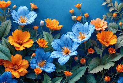 The primary subject of the image is a beautiful arrangement of blue and orange flowers. The flowers are placed on a blue background, creating a striking contrast between the colors. The visual style of the image is a photo, capturing the vibrant colors and details of the flowers. The overall atmosphere of the image is lively and cheerful, with the blue and orange flowers adding a touch of warmth and energy to the scene.