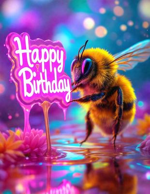 The primary subject of the image is a bee, which is the main object, scene, or focus of the image. The bee is standing in a pink and purple water-like substance, which serves as the setting or background. The visual style of the image is digital art, as it is a computer-generated illustration. The dominant colors in the image are pink and purple, creating a warm and cheerful atmosphere.
