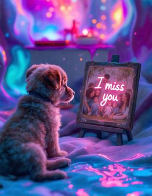The primary subject of the image is a small brown dog sitting on a bed. The setting is a bedroom, with a pink and purple color scheme. The visual style is a combination of a photo and a drawing, creating a unique and artistic representation of the dog. The colors and mood of the image are vibrant and playful, with the pink and purple hues adding a sense of warmth and comfort to the scene.