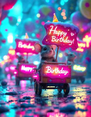 The primary subject of the image is a group of mice riding in a pink birthday car. The mice are sitting on a pink carousel, and they are holding up a pink birthday sign. The setting is a colorful and vibrant environment, with a pink and purple background. The visual style is a digital art or illustration, creating a whimsical and playful atmosphere. The colors and mood are predominantly pink and purple, giving the scene a cheerful and