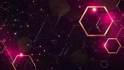 The primary subject of the image is a pattern of hexagons, which are arranged in a way that creates a visually appealing and intricate design. The setting is a dark background, which contrasts with the brightly lit hexagons, creating a striking visual effect. The visual style of the image is a combination of digital art and illustration, as it showcases a complex and intricate pattern. The colors and mood of the image are predominantly warm and vibrant, with the brightly lit hexagons
