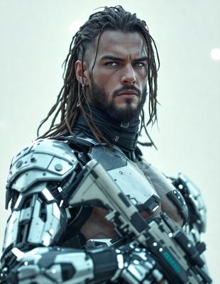 The primary subject of the image is a man wearing a futuristic, metallic outfit. He has long hair and a beard, and he is looking directly at the camera. The setting is a gray background, which contrasts with the man's outfit. The visual style is a combination of photo and digital art, creating a unique and intriguing image. The colors are predominantly silver and gray, giving the scene a sleek and modern feel.