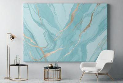 The primary subject of the image is a large, blue and gold marble wall mural. The setting is a modern living room with a white chair, a black table, and a gold vase. The visual style is a combination of digital art and illustration, creating a unique and eye-catching design. The dominant colors are blue and gold, giving the room a luxurious and sophisticated atmosphere.