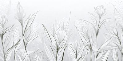 The primary subject of the image is a field of tall, white grass. The setting is a white background, which creates a clean and minimalist appearance. The visual style is a combination of a photo and a drawing, giving the image a unique and artistic quality. The colors and mood are predominantly white, which adds to the serene and peaceful atmosphere of the scene.