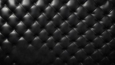The primary subject of the image is a black leather couch. The setting is a black background, which creates a striking contrast with the couch. The visual style is a close-up of the couch, showcasing its texture and details. The colors and mood of the image are predominantly black, giving it a sleek and modern appearance.