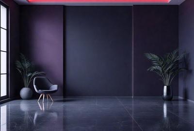 The primary subject of the image is a black chair placed in front of a black wall. The setting is a room with a black wall and a black floor. The visual style is a photo, and the colors and mood are predominantly black, creating a dark and moody atmosphere.