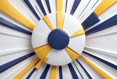 The primary subject of the image is a large, colorful, and abstract sun design. The sun is made up of various shapes and colors, creating a visually striking and vibrant scene. The setting is a white wall, which serves as a clean and neutral backdrop for the sun design. The visual style of the image is a combination of digital art and illustration, giving it a unique and creative appearance. The dominant colors in the image are yellow, blue, and white, which contribute to the overall bright and cheerful atmosphere