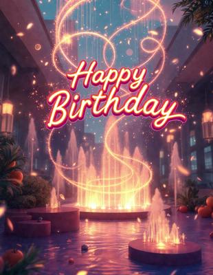 Happy Birthday: [The main object, scene, or focus of the image is a birthday celebration, with a fountain and a building in the background.]

Setting/background: [The environment, backdrop, or surface visible in the image is a city setting, with a fountain and a building in the background.]

Visual style: [The image is a digital art or illustration, featuring a birthday celebration with a fountain and a building in the background.]

Colors