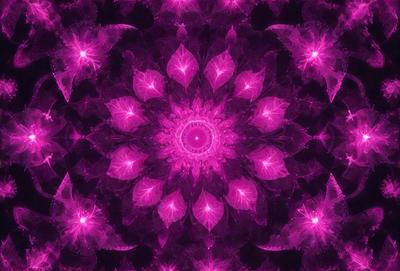 The primary subject of the image is a purple flower with a yellow center, surrounded by a purple background. The visual style of the image is a digital art or illustration, with a purple and pink color scheme that creates a calm and serene atmosphere.