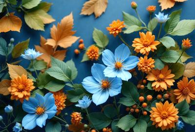 The primary subject of the image is a bouquet of flowers, predominantly blue and orange, arranged in a vase. The setting is a blue background, which adds a contrasting and visually appealing element to the scene. The visual style is a close-up of the flowers, showcasing their details and colors. The dominant colors in the image are blue and orange, creating a vibrant and lively atmosphere.