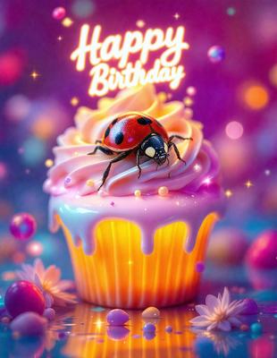 The primary subject of the image is a cupcake with a ladybug on top. The cupcake is pink and has a yellow frosting. The ladybug is red and black, and it is sitting on top of the cupcake. The setting is a colorful and vibrant environment, with a purple background and a variety of colorful balls scattered around. The visual style is a digital art, and the colors and mood are lively and cheerful.