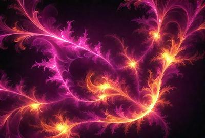 The primary subject of the image is a purple and orange floral pattern. The setting is a dark background, which contrasts with the vibrant colors of the floral pattern. The visual style appears to be a digital art or illustration, as the floral pattern is intricately detailed and the colors are rich and saturated. The dominant colors are purple and orange, creating a warm and inviting atmosphere.
