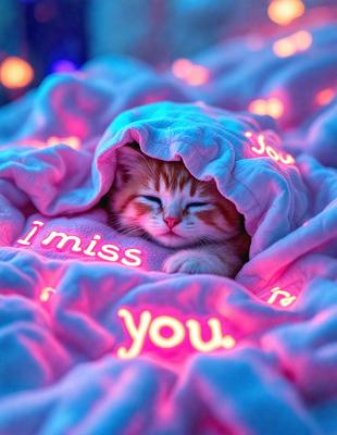 The primary subject of the image is a small orange and white kitten. The kitten is laying on a pink blanket, which is covered in pink letters that spell "I Miss You." The setting appears to be a cozy and comfortable environment, likely a bed or a couch. The visual style of the image is a combination of a photo and digital art, as the pink letters are illuminated and create a unique and eye-catching effect. The colors and mood of the image are warm and inv