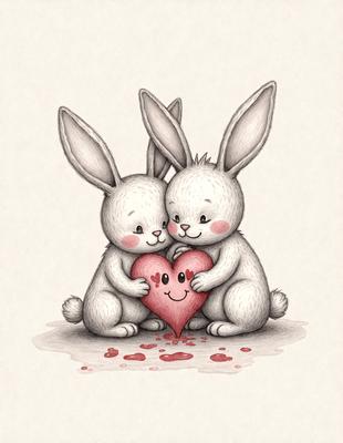The primary subject of the image is a pair of bunnies, one of which is holding a heart. The setting is a white background, and the visual style is an illustration or drawing. The colors are predominantly pink and white, creating a warm and affectionate atmosphere.