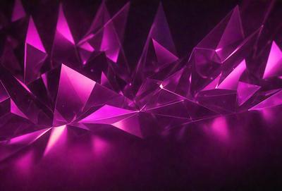 The primary subject of the image is a close-up of a purple crystal or glass structure. The setting is a dark background, which emphasizes the purple color of the crystal. The visual style appears to be a combination of a photo and digital art, as the purple crystal is surrounded by a pattern of pink and purple glass pieces. The colors and mood of the image are predominantly purple, creating a sense of depth and intrigue.