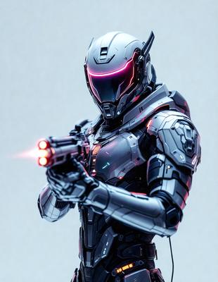The primary subject of the image is a futuristic robot with a gun. The robot is the main focus of the image, and it is set against a gray background. The visual style of the image is digital art, as it appears to be a computer-generated or digitally rendered character. The colors and mood of the image are dark and moody, with the robot's silver and black color scheme contributing to the overall atmosphere.