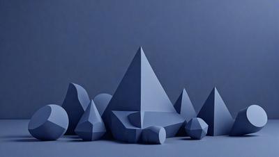 The primary subject of the image is a collection of blue geometric shapes, which are likely paper cutouts or sculptures. These shapes are arranged in a visually appealing manner, creating a sense of depth and dimension. The setting is a blue background, which provides a striking contrast to the shapes and enhances their visual impact. The visual style of the image is a combination of digital art and illustration, as the shapes are carefully crafted and positioned to create a cohesive and harmonious composition. The colors and mood of