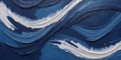 The primary subject of the image is a painting of a wave. The setting is a blue background, and the visual style appears to be a digital art or illustration. The dominant colors in the painting are blue and white, creating a calm and serene atmosphere.