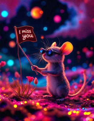 The primary subject of the image is a cartoon mouse holding a sign that reads "I miss you." The mouse is standing on a field of flowers, which adds a vibrant and colorful backdrop to the scene. The visual style of the image is a digital art or illustration, giving it a whimsical and playful appearance. The dominant colors in the image are pink and purple, creating a warm and inviting atmosphere.