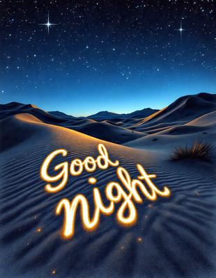 Good Night: A nighttime scene with a starry sky and a sandy desert. The image is a digital art illustration, featuring a yellow and orange color scheme. The primary subject is the phrase "Good Night," which is displayed in a bright yellow font against the dark, starry background.