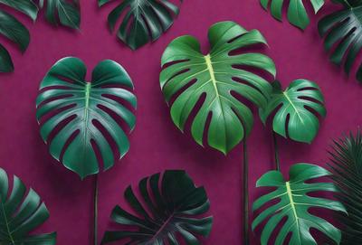 The primary subject of the image is a large green leaf, which is the main focus of the scene. The leaf is displayed against a purple background, creating a striking contrast. The visual style of the image is a close-up of the leaf, showcasing its intricate details. The colors and mood of the image are predominantly green and purple, giving it a serene and natural atmosphere.