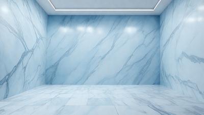 The primary subject of the image is a large, empty room with a blue marble wall. The setting is a white room with a blue marble wall, and the visual style is a photo. The colors and mood of the image are predominantly blue, creating a calm and serene atmosphere.