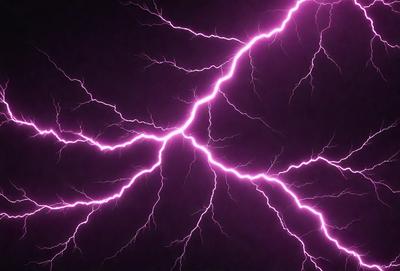 The primary subject of the image is a purple lightning bolt, which is the main object, scene, or focus of the image. The setting or background is a dark sky, and the visual style is a photo. The dominant colors are purple and pink, creating a dramatic and moody atmosphere.