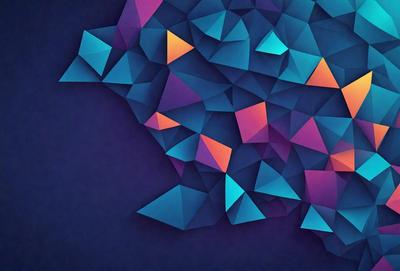 The primary subject of the image is a geometric pattern made up of triangles and squares. The pattern is displayed in various shades of blue, purple, and orange. The setting is a dark blue background, which contrasts with the vibrant colors of the pattern. The visual style of the image is a combination of digital art and illustration, creating a unique and eye-catching design. The overall atmosphere of the image is one of creativity and artistic expression.