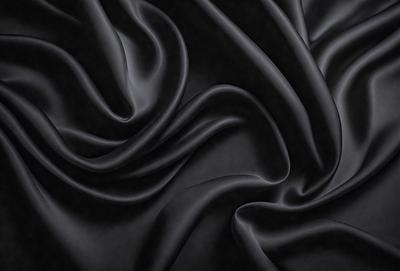 The primary subject of the image is a close-up of a black fabric, possibly a piece of clothing or a curtain. The setting is a dark background, which emphasizes the fabric's texture and pattern. The visual style appears to be a photo, as it captures the details of the fabric. The colors and mood of the image are predominantly dark, with the black fabric being the main focus.