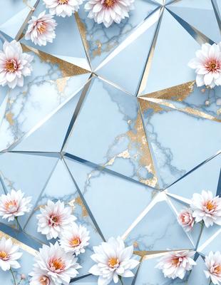 The primary subject of the image is a close-up of a blue and white marble wall with gold accents. The setting is a room with a blue and white marble wall as the main focus. The visual style is a combination of digital art and illustration, creating a unique and intricate design. The dominant colors are blue, white, and gold, giving the image a sophisticated and elegant mood.