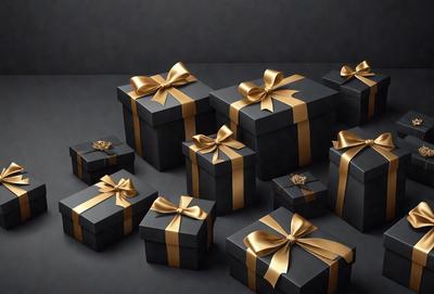 The primary subject of the image is a collection of black and gold gift boxes. These boxes are arranged on a black surface, creating a visually striking contrast. The setting appears to be a studio or a carefully arranged display, as the boxes are neatly placed next to each other. The visual style of the image is a combination of photo and digital art, as it captures the details of the boxes while maintaining a clean and polished appearance. The colors and mood of the image are predominantly black and gold, giving it a