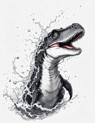 The primary subject of the image is a large, open-mouthed, and ferocious-looking dinosaur, possibly a T-Rex, with its mouth wide open. The setting is a water-filled environment, with the dinosaur standing in the water, surrounded by splashing and foamy water. The visual style of the image is a combination of digital art and illustration, creating a dynamic and dramatic scene. The dominant colors in the image are shades of blue and white, which contribute to the overall