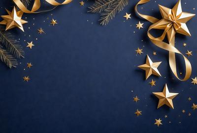 The primary subject of the image is a blue background with gold stars and a gold ribbon. The setting is a dark blue background, and the visual style is a combination of digital art and illustration. The colors and mood of the image are dark and moody, with the gold stars and ribbon adding a touch of elegance and sophistication.