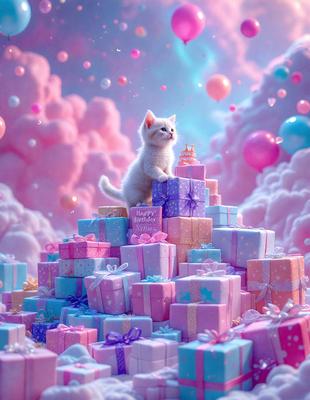 The primary subject of the image is a small white kitten sitting on top of a pile of presents. The setting is a pink and purple cloudy background, which adds a whimsical and playful atmosphere to the scene. The visual style is a digital art or illustration, creating a vibrant and colorful image. The colors and mood convey a sense of joy and celebration, as the kitten appears to be enjoying its time surrounded by the presents.
