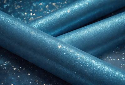 The primary subject of the image is a blue ribbon with stars on it. The ribbon is shiny and appears to be made of a metallic material. The setting is a dark background, which contrasts with the blue ribbon and the stars. The visual style is a close-up of the ribbon, showcasing its details and texture. The colors and mood of the image are predominantly dark and moody, with the blue ribbon and stars providing a touch of brightness and contrast.