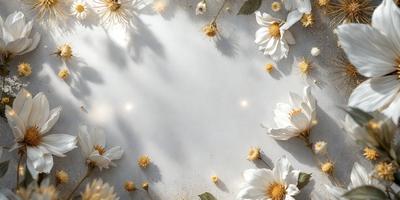 The primary subject of the image is a white background with a variety of flowers scattered across it. The flowers are in different sizes and positions, creating a visually appealing and natural scene. The setting appears to be a studio or a controlled environment, as the flowers are placed on a white surface, which could be a canvas or a wall. The visual style of the image is a combination of realistic and artistic elements, as the flowers are depicted in a way that showcases their beauty and natural patterns. The colors and mood of