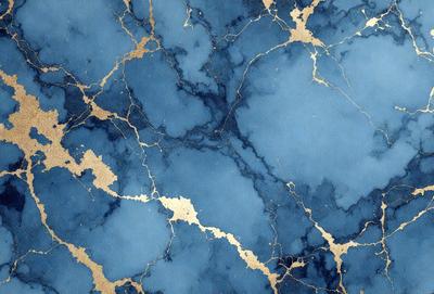 The primary subject of the image is a blue and gold marbled wallpaper. The setting is a room with a blue and gold marbled wallpapered wall. The visual style is a close-up of the wallpaper, showcasing the intricate design. The colors and mood of the image are predominantly blue and gold, creating a luxurious and elegant atmosphere.