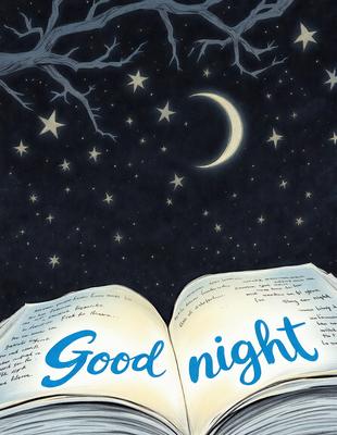 Good Night: A book with a moon on the cover, the words "Good Night" written on the pages, and a night sky background.