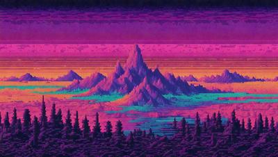 The primary subject of the image is a mountain range with a purple sky in the background. The setting is a landscape with a mountain range in the foreground and a valley in the background. The visual style is a digital art or illustration, creating a vibrant and colorful atmosphere. The dominant colors are purple and pink, giving the scene a unique and artistic appearance.