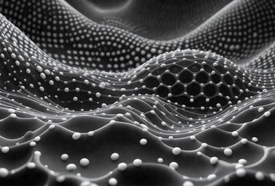 The primary subject of the image is a black and white pattern, which appears to be a digital art or illustration. The setting is a dark background, and the visual style is a combination of a photo and a pattern. The dominant colors are black and white, and the overall atmosphere is mysterious and intriguing.