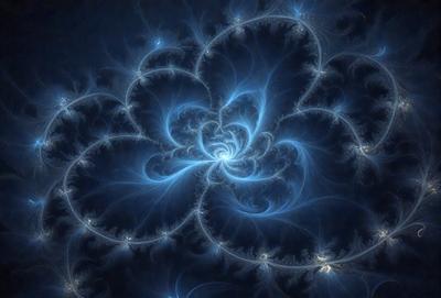 The primary subject of the image is a blue and white flower with a swirling pattern. The setting is a dark background, which adds to the overall mood of the image. The visual style is a combination of digital art and illustration, creating a unique and intricate design. The dominant colors are blue and white, with the swirling pattern adding a sense of depth and complexity to the overall composition.