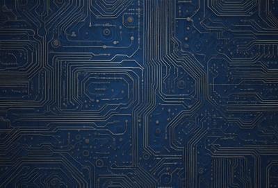 The primary subject of the image is a close-up of a computer circuit board. The setting is a dark blue background, which contrasts with the circuit board's intricate patterns. The visual style is a detailed, close-up photo of the circuit board. The colors and mood of the image are predominantly dark, with the blue background providing a sense of depth and contrast to the circuit board's patterns.