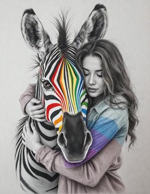 The primary subject of the image is a woman hugging a zebra. The woman is wearing a blue shirt, and the zebra is painted with a rainbow pattern. The setting appears to be an artistic or creative environment, as the woman is posing with the zebra, which is not a typical scene in everyday life. The visual style of the image is a combination of drawing and painting, creating a unique and eye-catching representation of the woman and the zebra. The colors