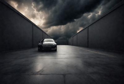 The primary subject of the image is a car parked on a cement surface. The car is positioned in the middle of the scene, and it appears to be the main focus of the image. The setting is a parking lot, and the visual style is a photo. The colors in the image are predominantly dark, with the car being the main source of light. The overall atmosphere of the image is somewhat moody and dramatic.