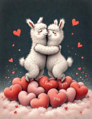 The primary subject of the image is a painting of two white, fluffy animals, possibly llamas, standing close to each other and kissing. They are surrounded by a large number of hearts, which are scattered all around them. The setting appears to be a dark background, which contrasts with the bright colors of the animals and hearts. The visual style of the painting is a combination of digital art and illustration, creating a unique and eye-catching scene. The overall atmosphere of the image is warm, loving, and heart