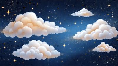 The primary subject of the image is a painting of clouds in the night sky. The setting is a dark blue background, which contrasts with the white clouds. The visual style is a digital art or illustration, creating a sense of depth and realism. The colors and mood are predominantly dark and moody, with the white clouds standing out against the night sky.