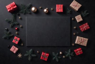 The primary subject of the image is a black frame with a gold border, which is placed on a black background. The frame is adorned with various gold stars and ornaments, creating a festive and elegant appearance. The visual style of the image is a combination of digital art and illustration, with the gold stars and ornaments adding a touch of intricacy and detail to the overall composition. The colors and mood of the image are predominantly black and gold, giving it a sophisticated and luxurious feel