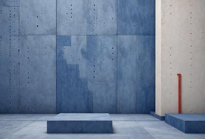 The primary subject of the image is a blue wall with a concrete texture. The setting is a room with a concrete floor. The visual style is a photo, and the dominant colors are blue and gray. The overall atmosphere is minimalistic and industrial.