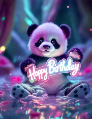 The primary subject of the image is a cute panda bear sitting in a pool of water. The setting is a purple background, which adds a unique and whimsical touch to the scene. The visual style is a combination of a photo and digital art, creating a vibrant and eye-catching image. The colors and mood are predominantly purple, which gives the scene a playful and fun atmosphere.