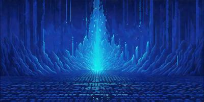 The primary subject of the image is a blue, futuristic-looking structure with a blue light emanating from it. The setting is a blue, digital-looking environment, which adds to the overall futuristic atmosphere. The visual style is a combination of digital art and illustration, creating a unique and captivating scene. The colors and mood are predominantly blue, which gives the image a sense of calmness and tranquility.